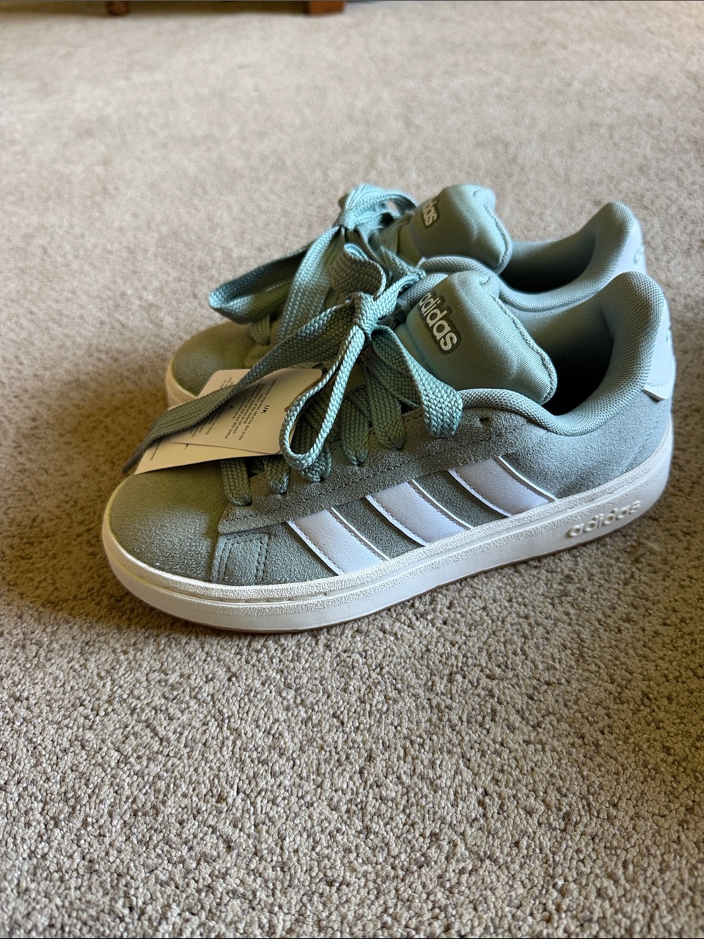 adidas Kids Light Green Suede Sneakers with White Stripes